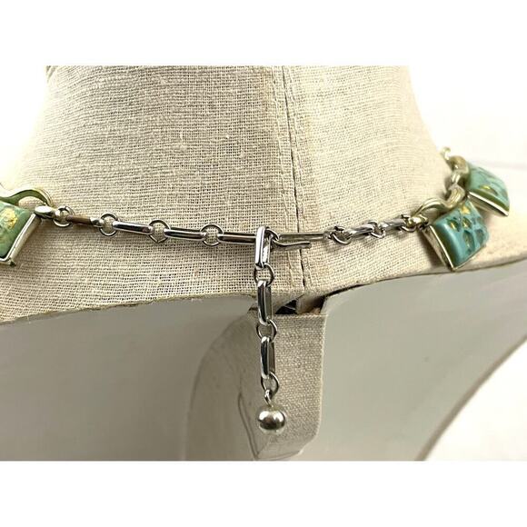 VTG Coro Thermoset Necklace Choker 17" Turquoise & Gold Confetti Silver Tone 50s - Picture 2 of 16